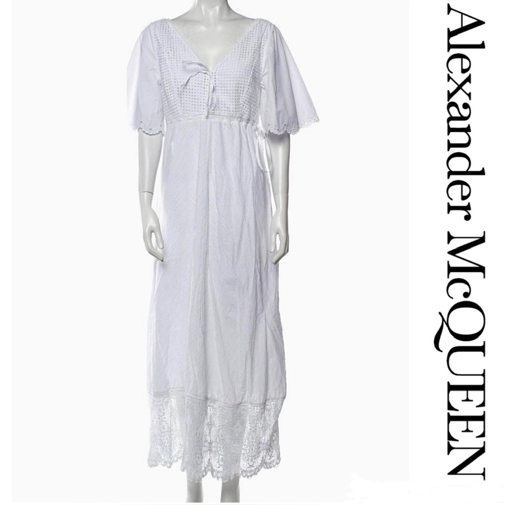 Alexander McQueen A-Line V-Neck White Eyelet Lace Embroidered Accents Maxi Dress
